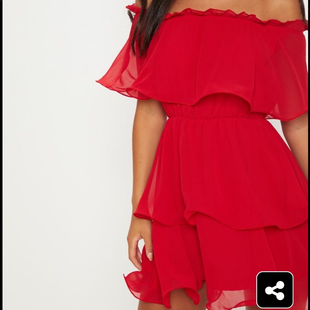 Red chiffon Bardot ruffle tiered dress